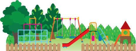 Illustration of a playground with slide, swings, jungle gym and other equipment.