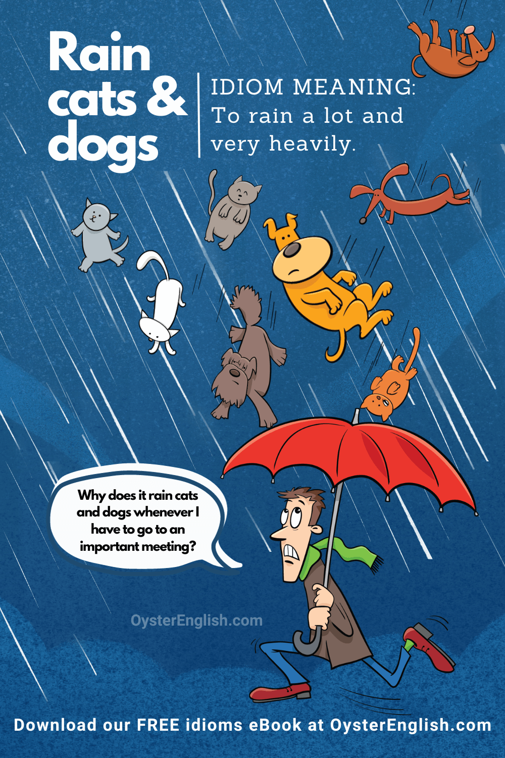 Cartoon illustration of a man with an umbrella running as cats and dogs rain down from the sky, representing the idiom 'raining cats and dogs'.