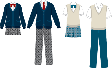 Illustration of 4 school uniforms (pants, shirts, sweaters and skirts) in different patterns