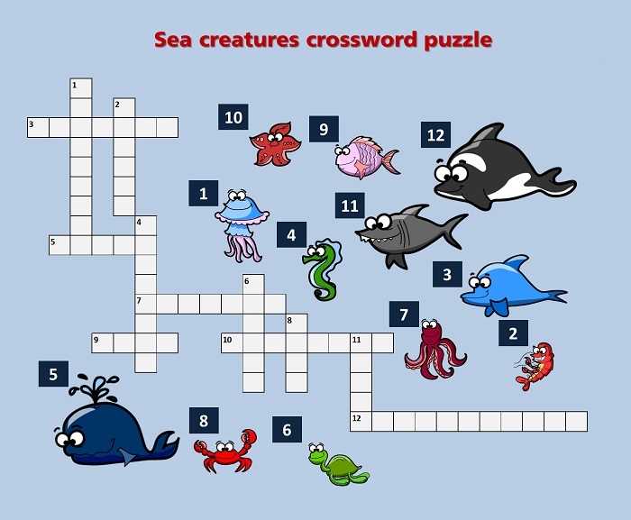 Thumbnail picture of the sea creatures crossword puzzle available for download.