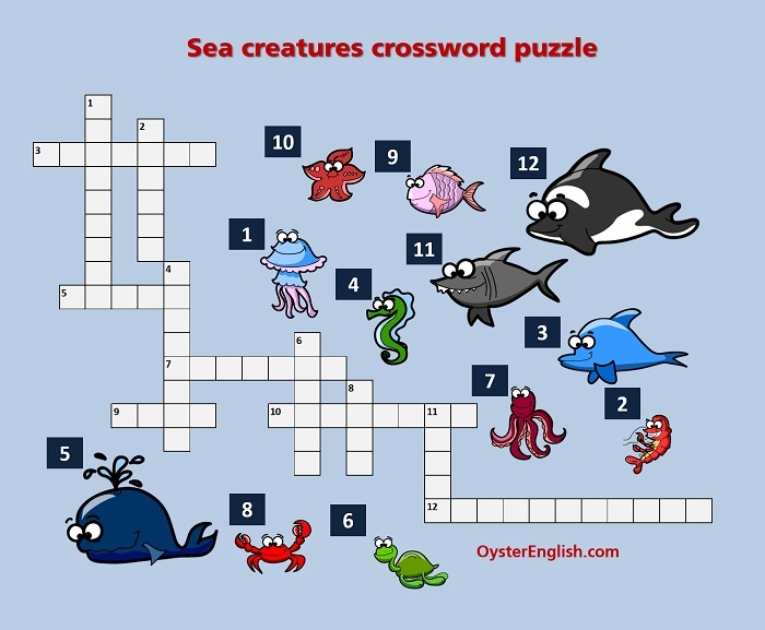 Illustration of the sea creatures crossword puzzle that can be downloaded on this page.