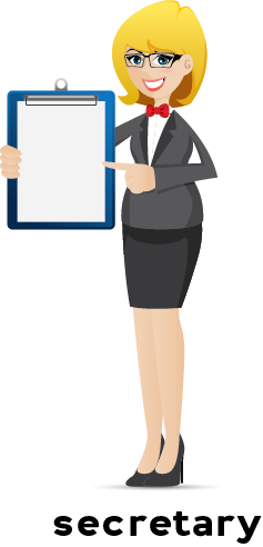 Illustration of a female secretary pointing at a clipboard she's holding