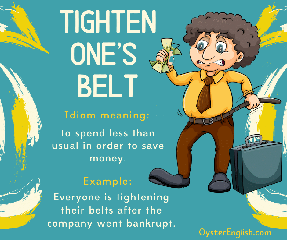 Cartoon businessman who's holding dollar bills in his hand and pulling the belt on his trousers really tight to depict the idiom "tighten one's belt."
