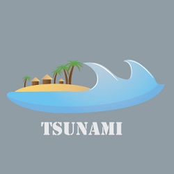 tsunami icon illustration with large wave about to cover beach and buildings