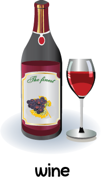 Illustration of a bottle and glass filled with red wine.
